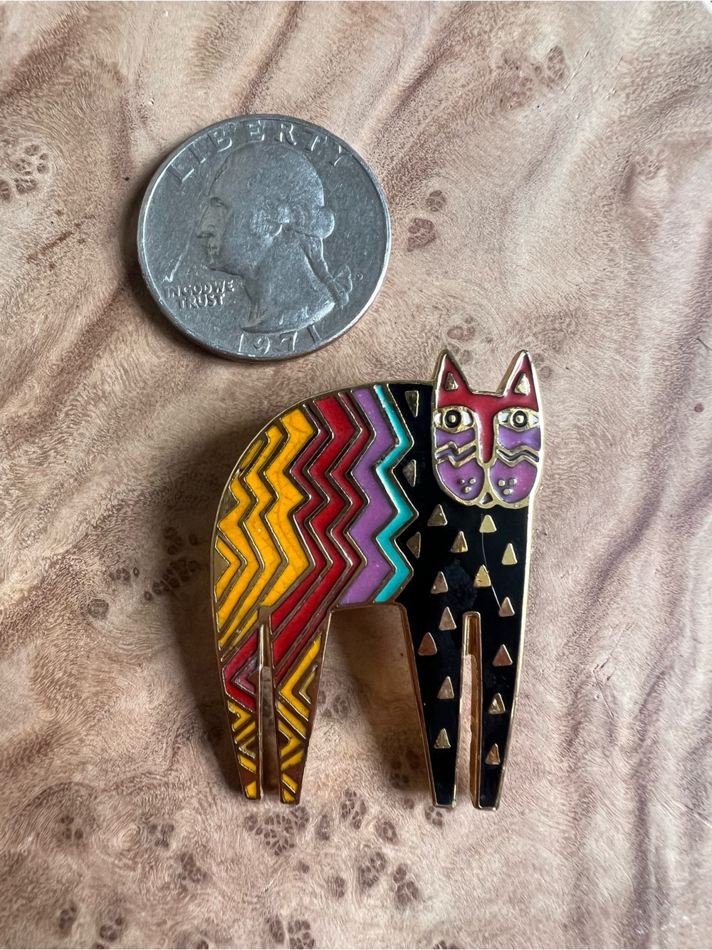 Laurel Burch Multicolor Zigzag Cat Enamel Pin - Black, Yellow, Red, Purple, Teal